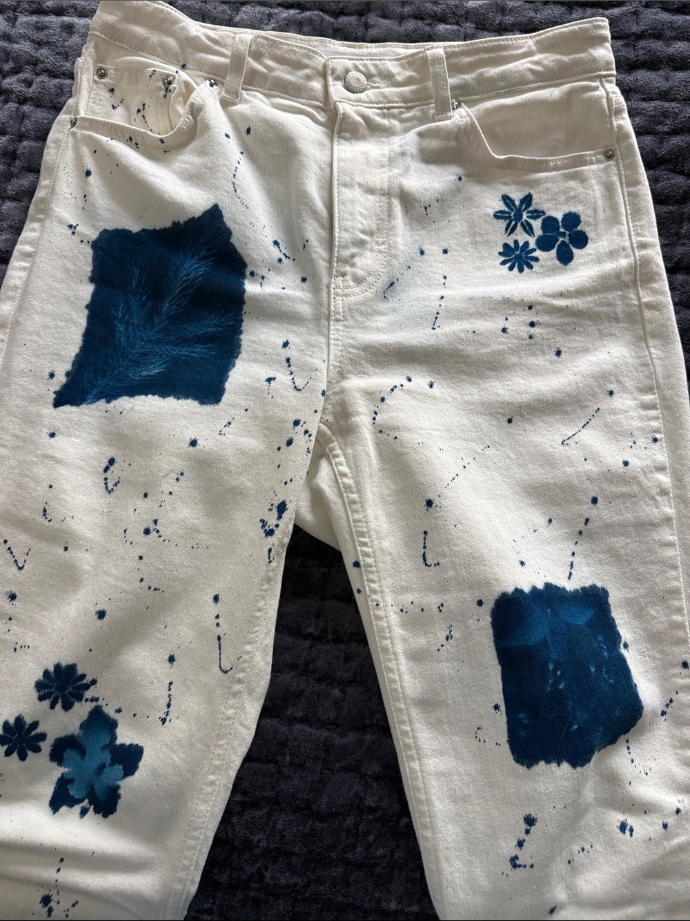 Topshop White Straight Leg Jeans with Blue Floral and Patch Details